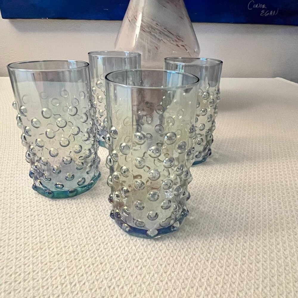 NWOB Cupcakes and Cashmere Blue Iridescent Hobnail Highball Glass Cups set of 4